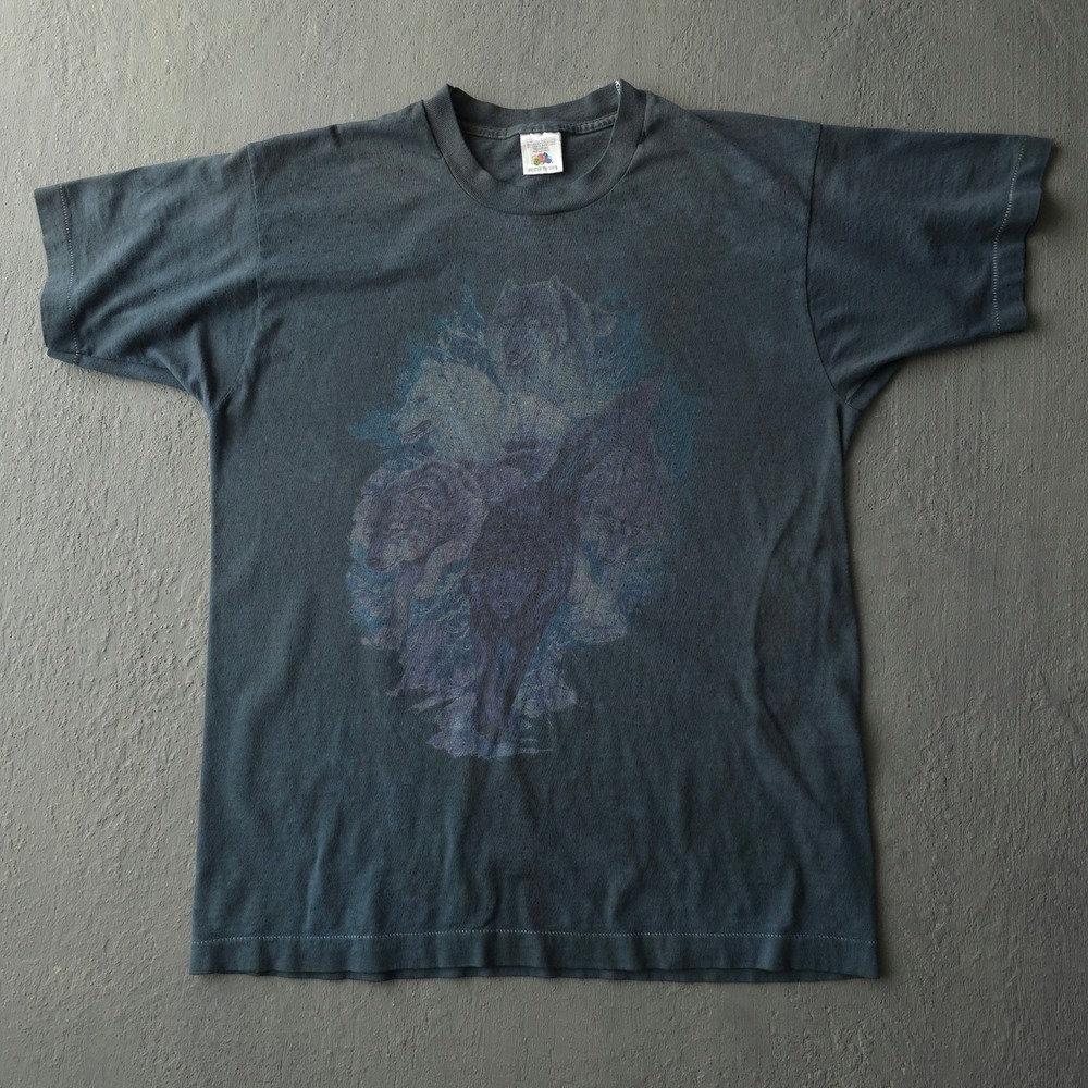 Vintage 90s Fruit of the Loom Blue Wolf T-shirt Large Hand Dyed Single Stitch